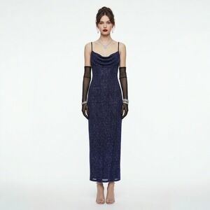 Vintage Jodi Kristopher Prom Dress Navy Glitter Drape Neck Evening Gown S